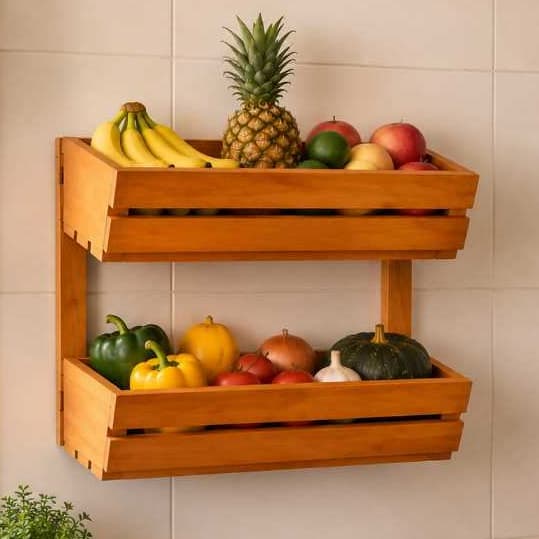 Fruteira de Mesa 2 Cestos Fruteira Parede Multiuso 2 Andares Madeira