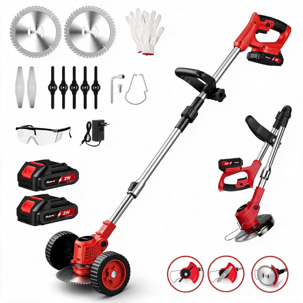 RubroX Cortador Grama Sem Fio 21V 800W RGX300, 2 Baterias, Rodinhas, 9 Lâminas, Haste Ajustável