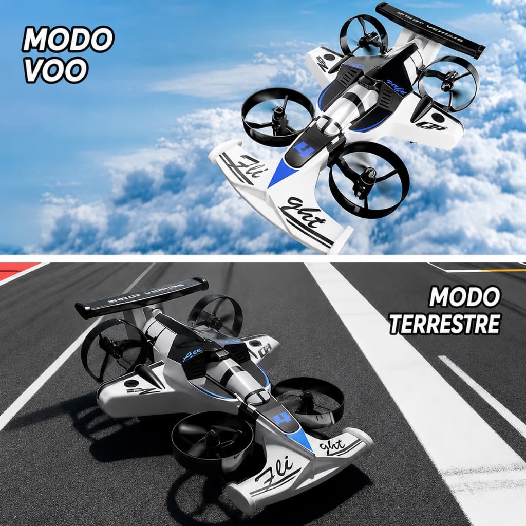 Carro Voador Drone Controle Remoto 2 Baterias 2 em 1 Terra Ar 2.4G Brinquedo Menino Presente