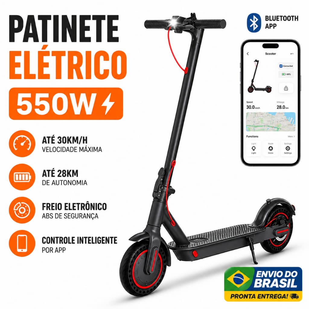 Patinete Elétrico Adulto 550W Dobrável Autonomia 30km Scooter Mobilidade Urbana
