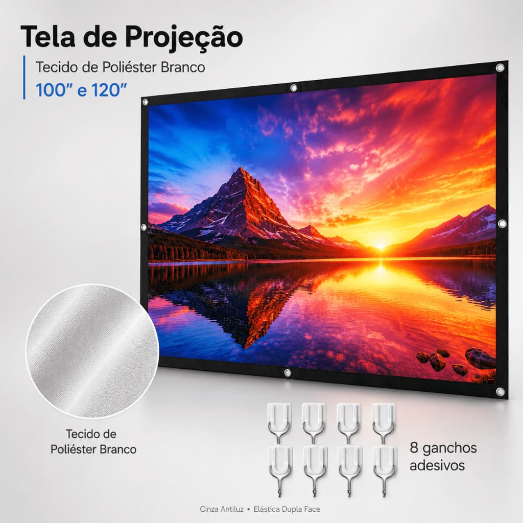 TASSOS Tela de Projeção Branco 4K 100 120 Polegadas 16:9 Para Projetor Portátil LED LCD DLP Parede Casa