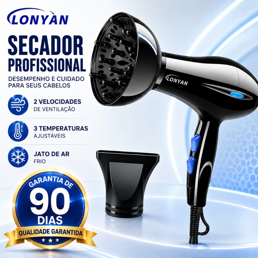 Secador de Cabelo Profissional com Difusor 127V 220V 110V Íons Negativos Anti-Frizz 5 Níveis Turbo Ar Quente Frio LONYAN