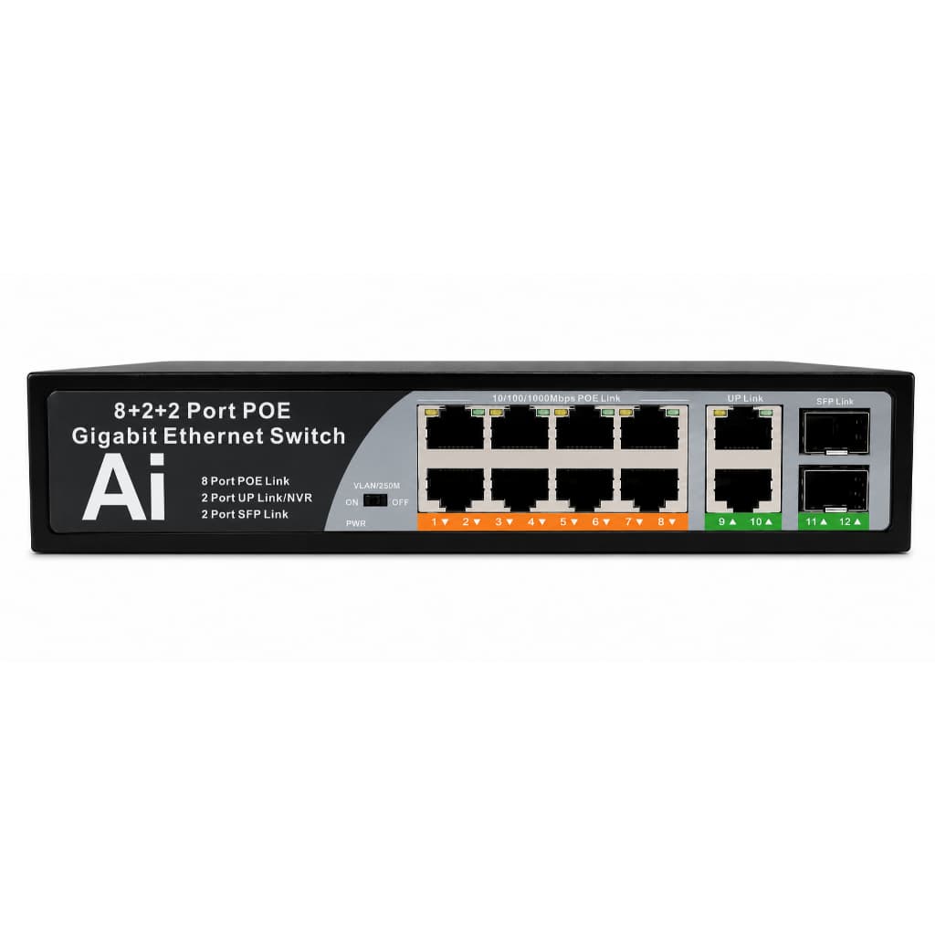 Switch Poe Gigabit 8 Portas + 2 Uplink + 2 Sfp | 1000 Mbps
