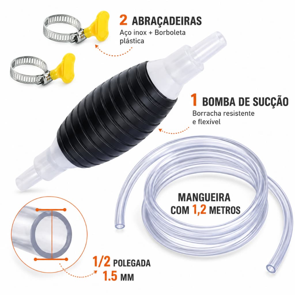 Bomba Sucção de Combustível Liquidos Óleo Manual com Mangueira 1,20 Metros