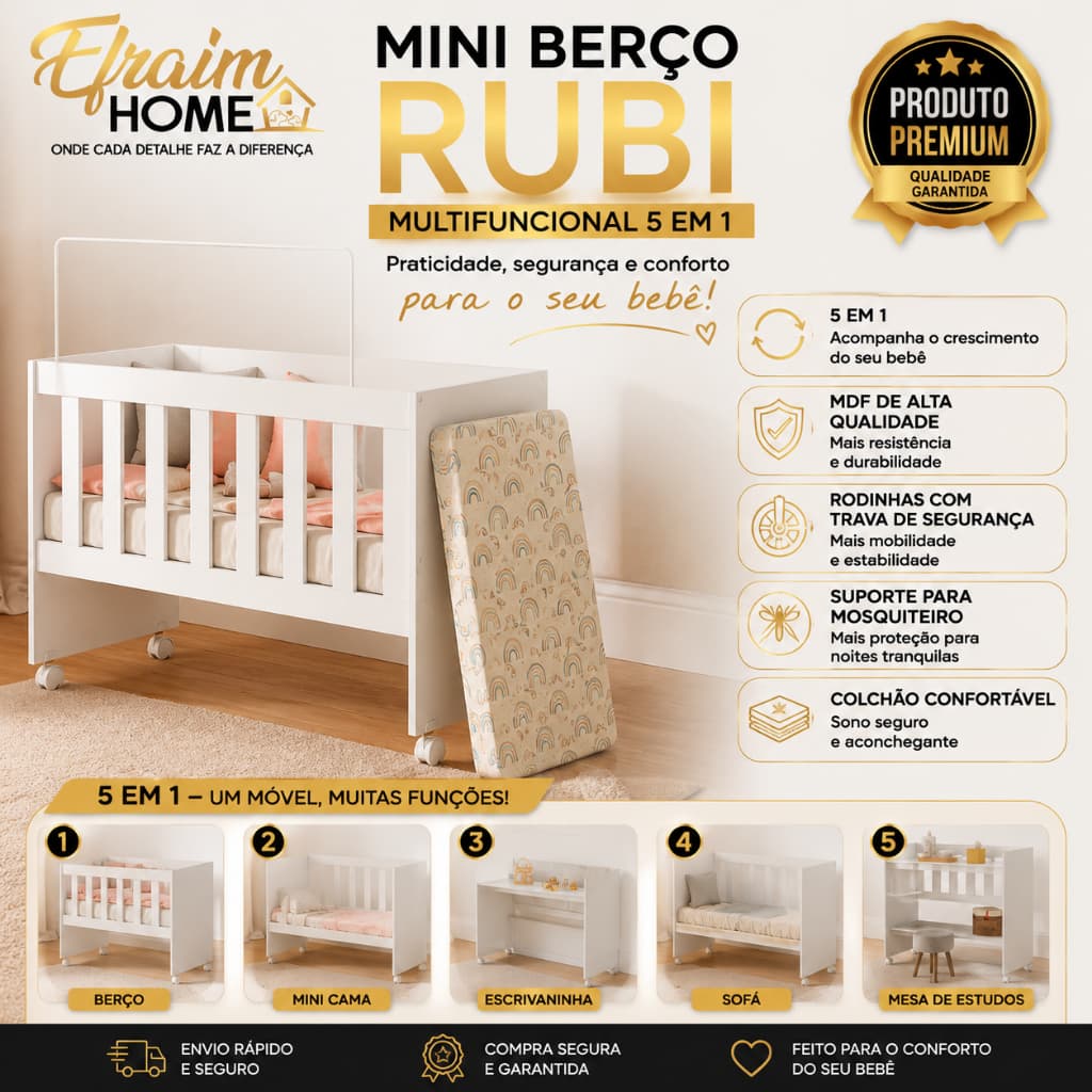 Mini Berço Moisés Multifuncional 5 em 1 Mdf Colchão Branco Premium