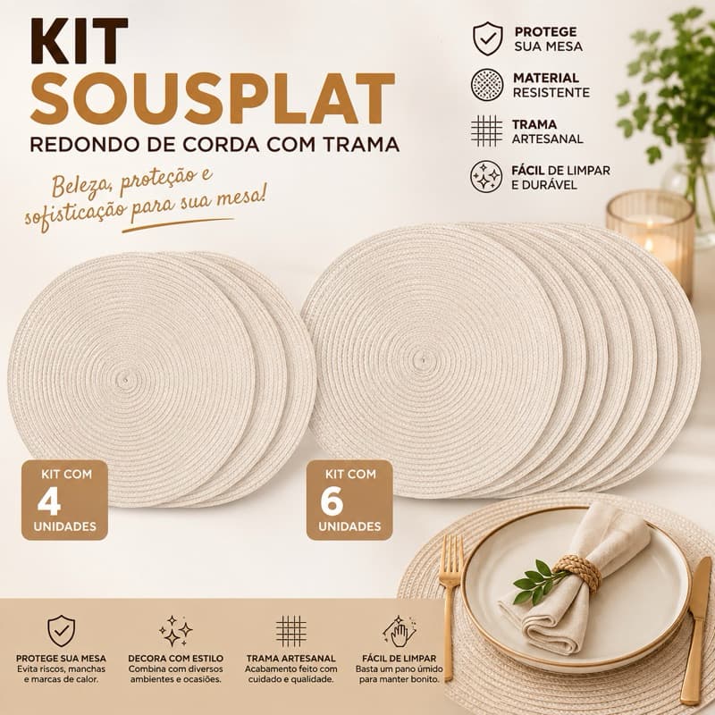KIT SOUSPLAT REDONDO 38CM EM CORDA TRANÇADA – JOGO AMERICANO COM 4 OU 6 PEÇAS
