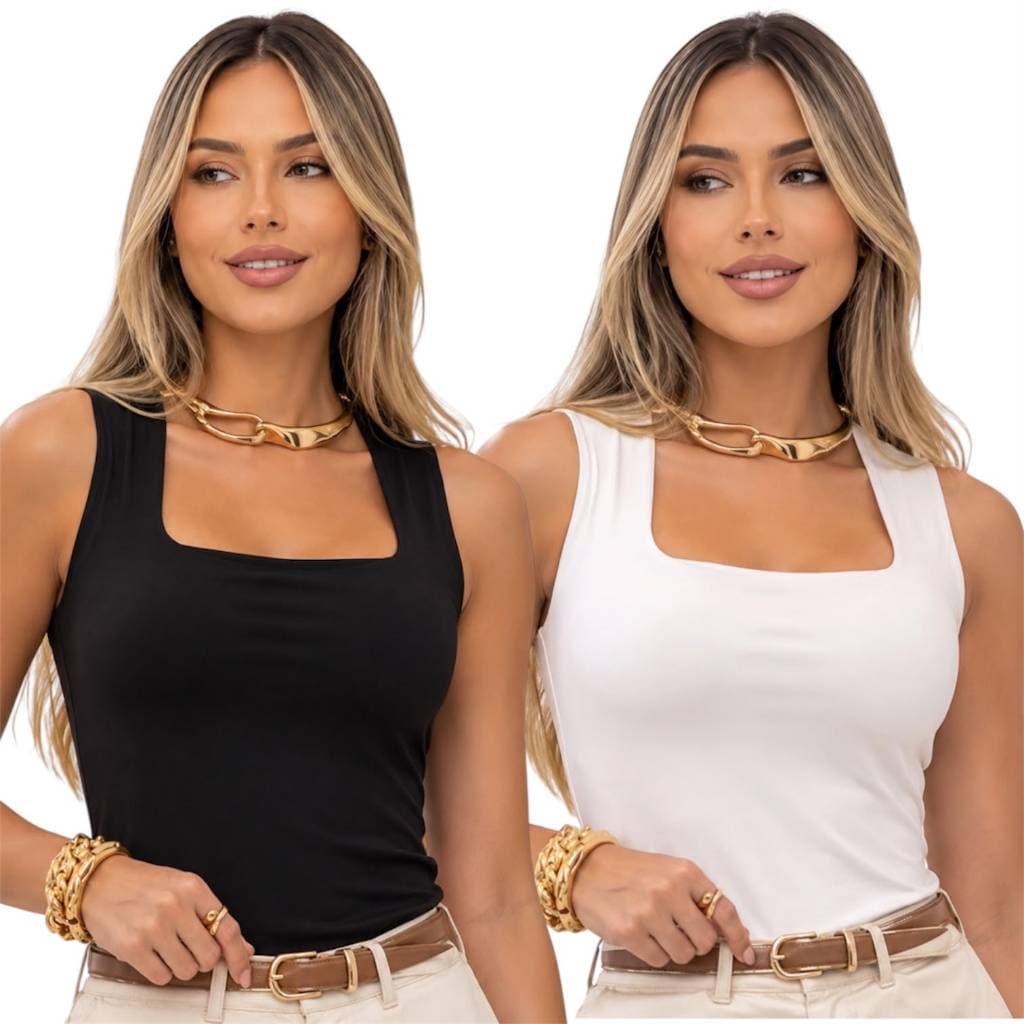 kit 2 Blusa Regata Feminina Decote Quadrado Básica Moda Elegante Blusinha Suplex Forro Academia Social