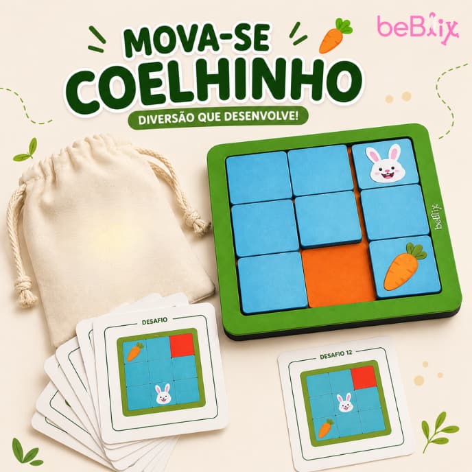 Jogo Mova-se Coelhinho Infantil Madeira Brinquedo Educativo Raciocínio Lógico +3 Anos