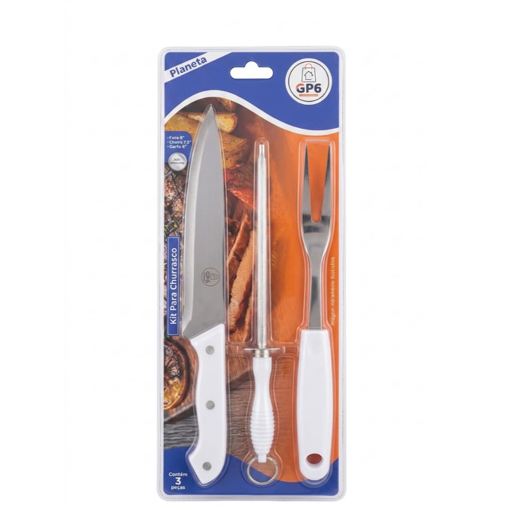 Kit Para Churrasco 3 Peças Faca Garfo Amolador Conjunto Em Aço Inox Completo com Chaira Para Churrasqueiro Cozinha