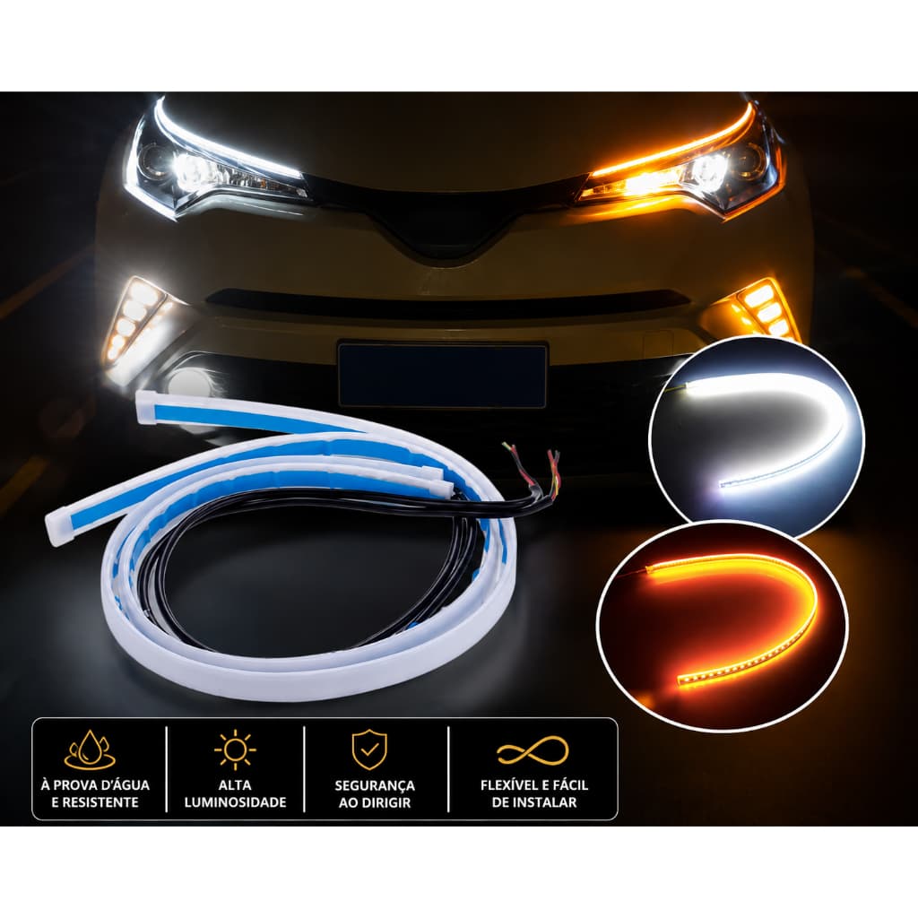 Par de Fita LED DRL 60 cm Flexível Branco e Amarelo o par