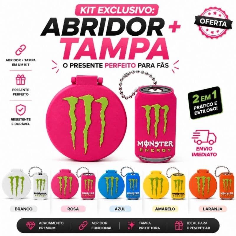 Tampa + Abridor para Lata Monster | Reutilizável | Portátil Kit Tampa/Abridor Lata Monster, Reutilizável, Portátil