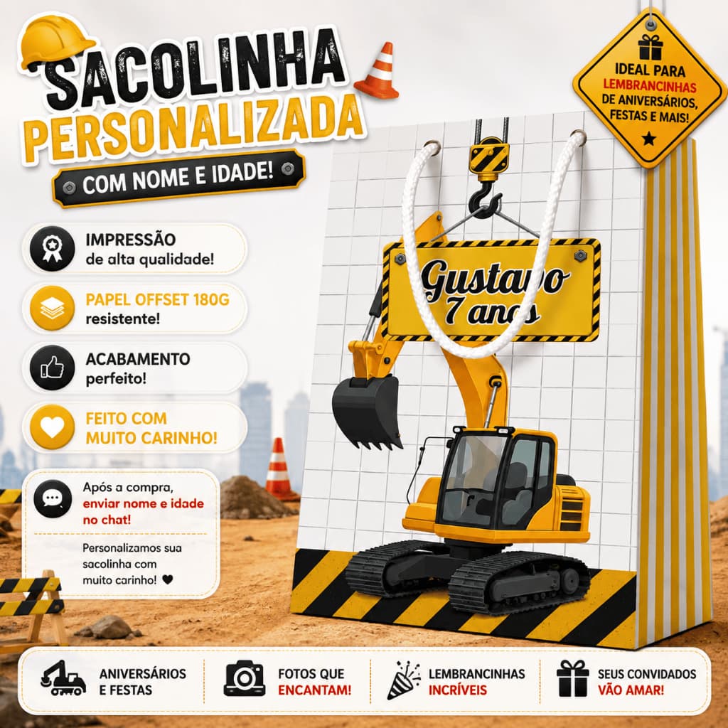 Sacolinhas Personalizadas Construção | Obras | Retroescavadeira | Maquinas