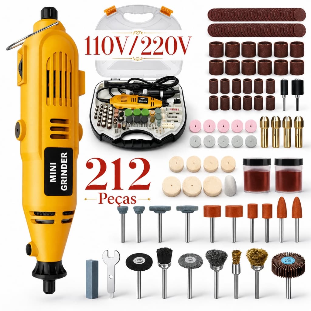 Mini Retifica 600W 37000rpm Kit 212 Peças Esmerilhadeira Furadeira Profissional 110V/220V Eixo Flexível Polimento Corte