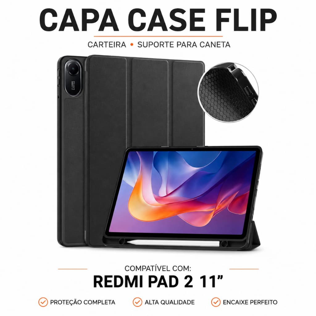 Capa Redmi Pad 2 11" Capinha Flip Anti Impacto Carteira Case Com Espaço Para Caneta Silicone