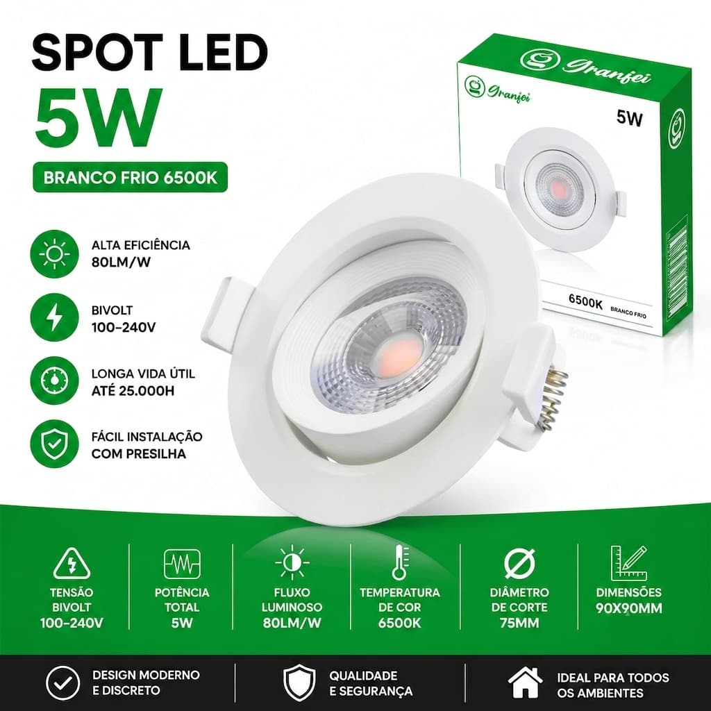 Kit 5 Spots de Embutir Redondo Branco Quente Frio Neutro Led 5w Granfei
