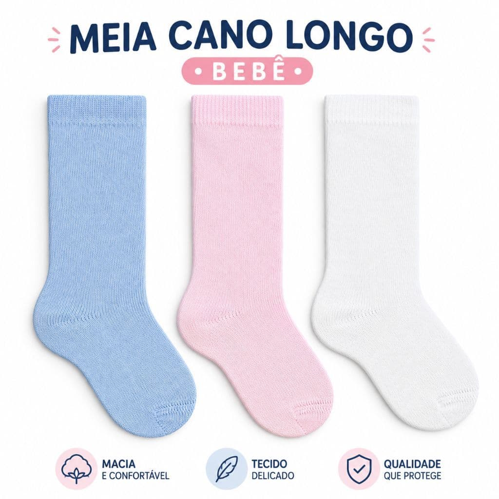 Meia Cano Longo Bebê Tamanho 20 ao 22 Básica Algodão Menino Menina