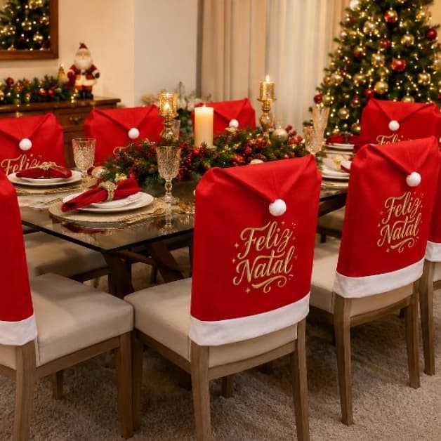 Capa para Cadeira de Natal Feliz Natal | Kit 4, 6, 8, 10 ou 12 Capas | Decoração Natalina 50Lx60A cm | Tecido Resistente