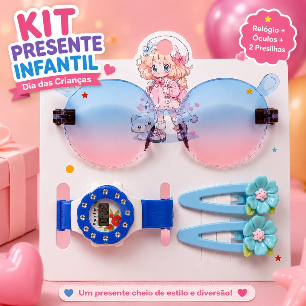 Kit Infantil Menina com Relógio Digital Óculos e Presilhas Presente Dia das Crianças 4 Cores