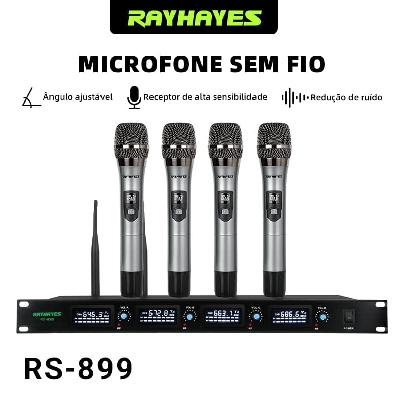 Microfone sem fio profissional 4 canais RAYHAYES sistema sem interferência ideal para evento, banda e apresentação