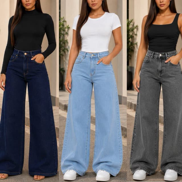 Calça Jeans Wide Leg Feminina Pantalona Cintura Alta Premium Moda  Tam 34 ao 44