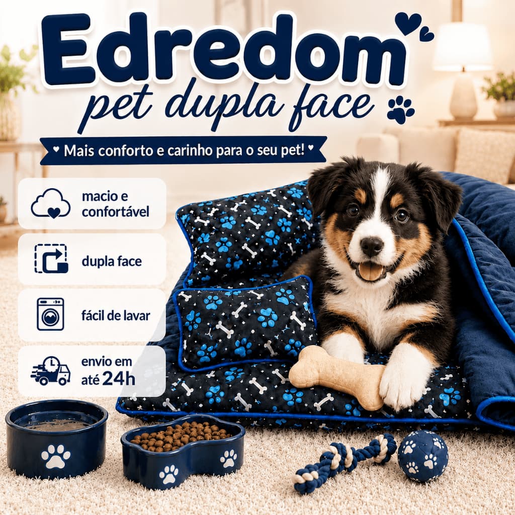Edredom Pet Dupla Face 1,20x1,00m Cama para Cachorro e Gato + Travesseiro e Almofada Ossinho