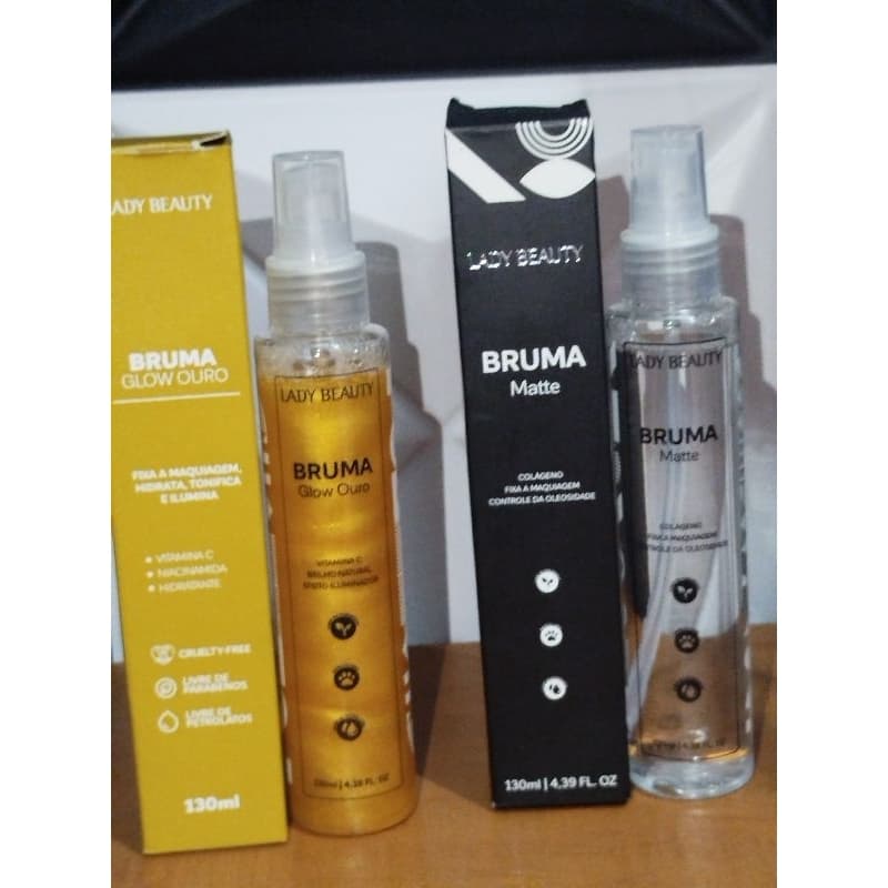 Bruma Fixadora De Make Glow Ouro 310ML + Bruma Fixadora de Maquiagem Efeito Matte Longa Duração Lady Beauty 130ml