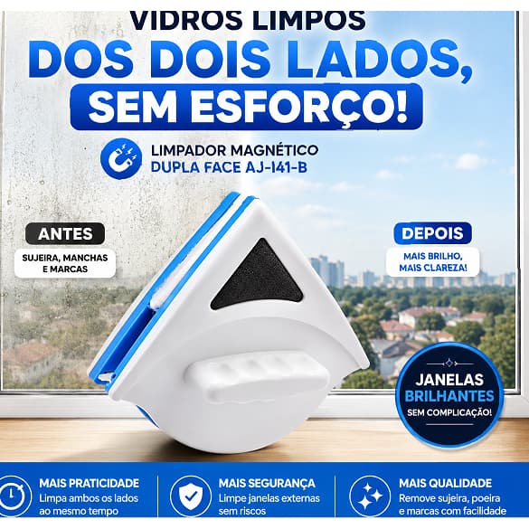 Limpador de Vidros Magnético Rodo Mágico Dupla Face para Janelas 3 a 8mm