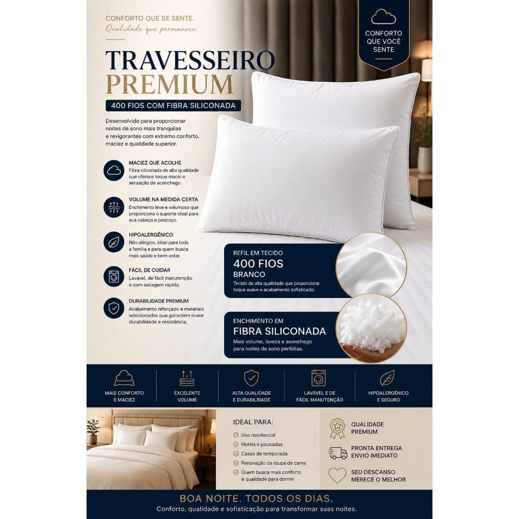 Travesseiro Premium 400 Fios com Fibra Siliconada | Conforto, Maciez | Refil Travesseiro