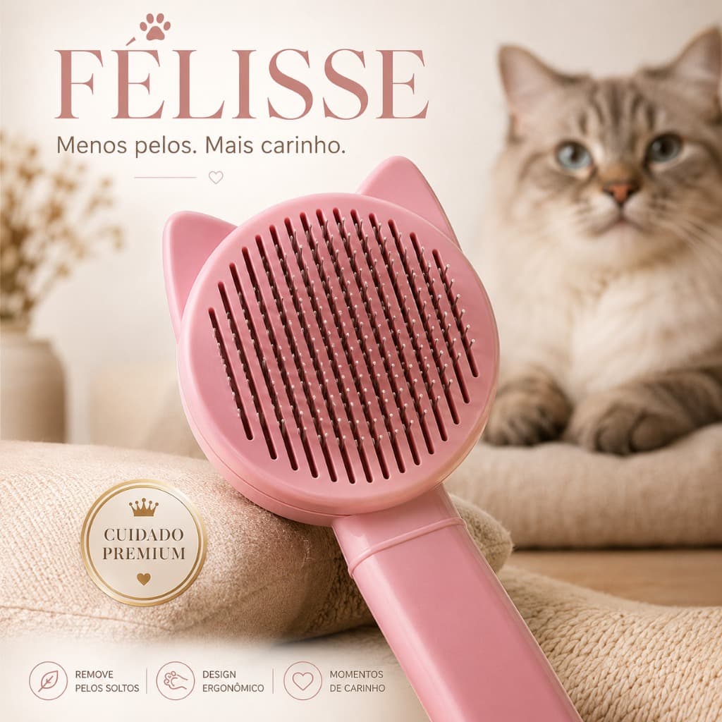 Escova para Gatos Félisse Removedora de Pelos Pente Pet Ergonômico para Higiene e Cuidados