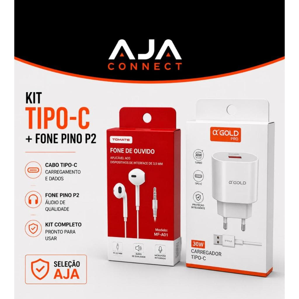 Kit Carregador Turbo Tipo-C 30W + Fone de Ouvido P2 Tomate