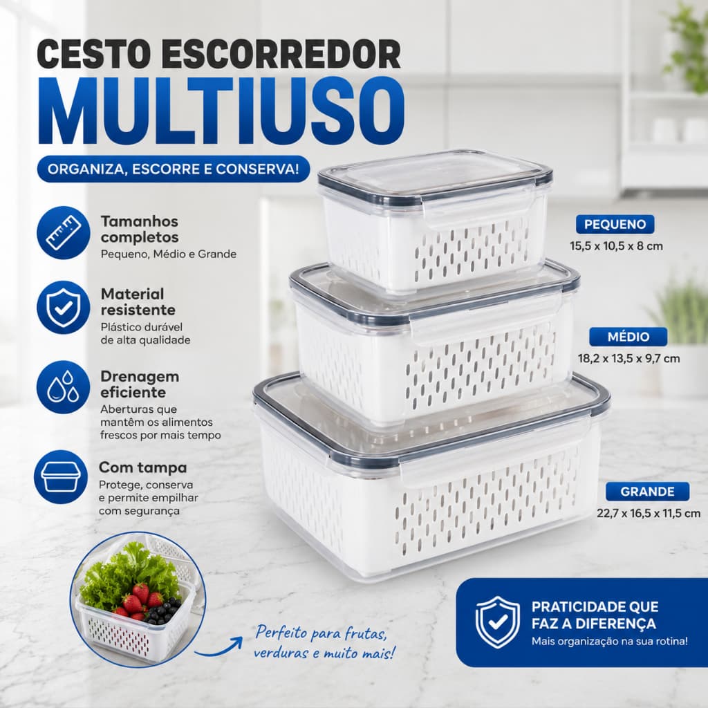 Conjunto 3 caixas com tampa hermética, cesto de drenagem removível e escorredor, potes multiuso para organização da gela