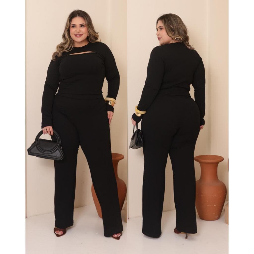 Conjunto Feminino Plus Size Cropped Decote Vazado Manga Longa Calça Canelado Inverno GG G1 G2