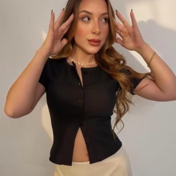 Blusa Feminina Ribana Premium Manga Curta com Botões