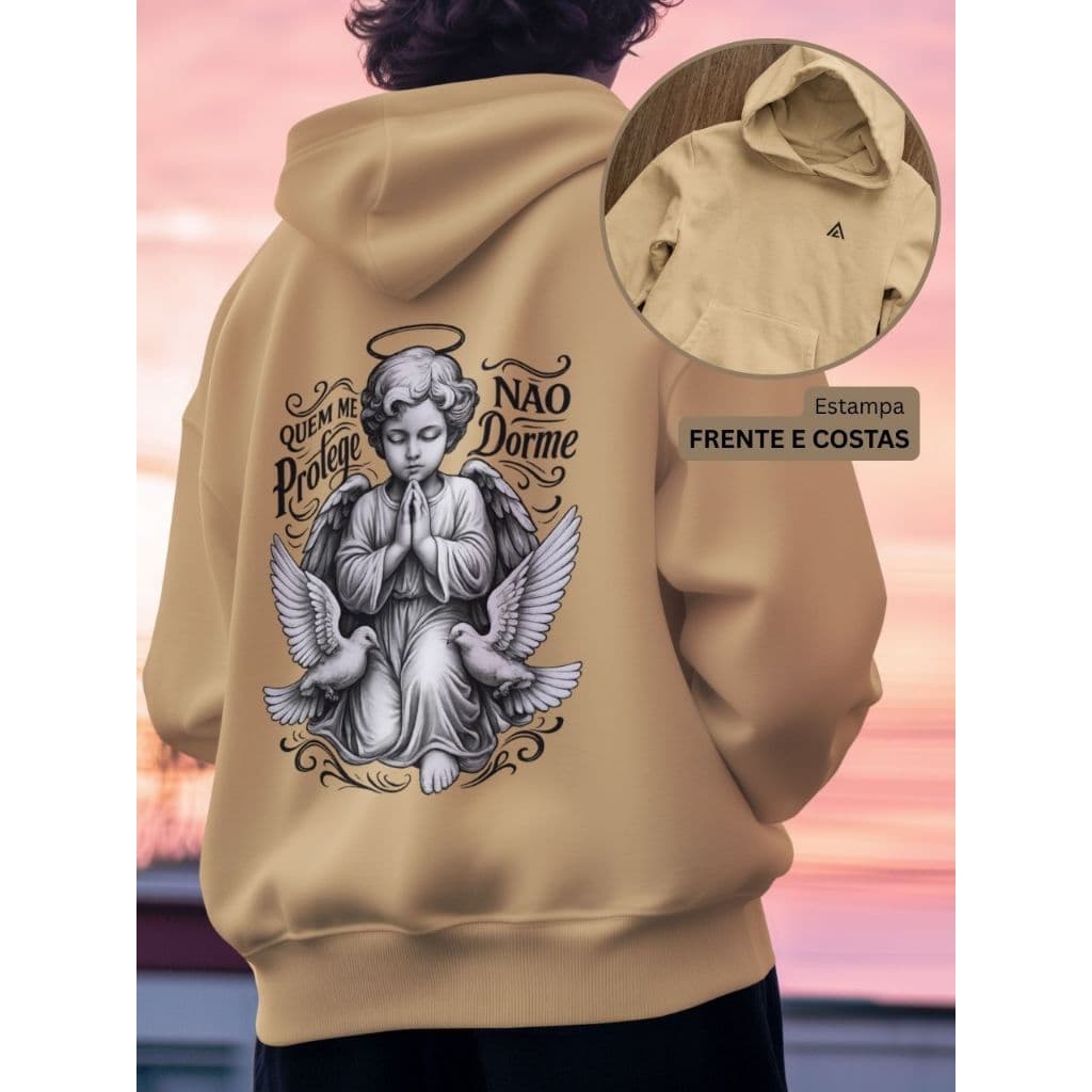 Moletom Blusa de Frio Estampa Frente e Costas Quem me Protege Não Dorme Anjo Streetwear Urban Moletons Unissex