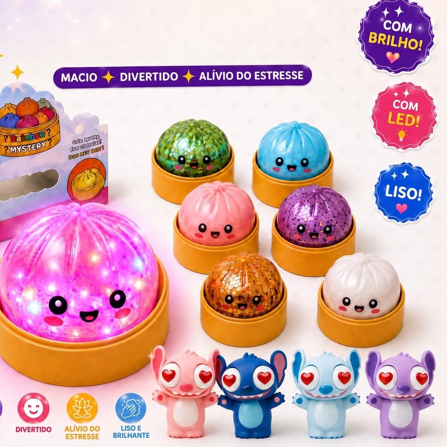 Squishys Bolinho Baozi/Stitch LED Caixa Misteriosa Brinquedo de Apertar Antiestresse Sensorial Dumpling