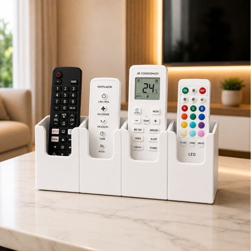 Suporte para Controle Remoto TV Ar Condicionado Organizador Minimalista 4 Controles Mesa Parede Fita Adesiva