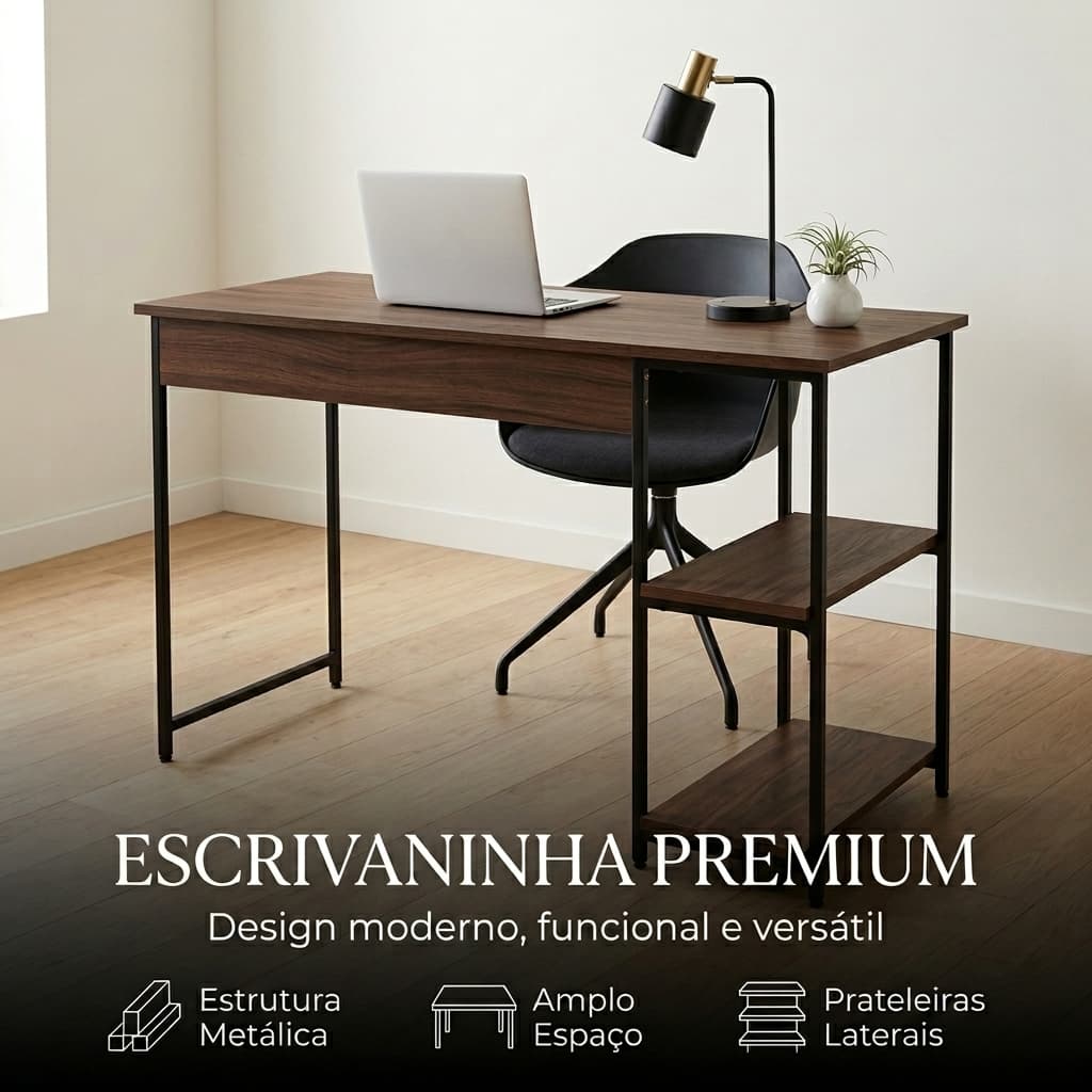 Escrivaninha Mesa Computador Estilo Industrial Com Prateleiras Estante Home Office Gamer 110cm x 45cm