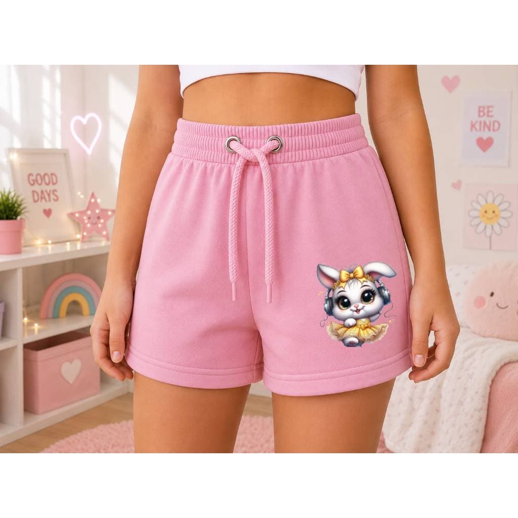 Short Feminino de Moletom Infantil com Estampa de Coelhinha Fofo Cintura Alta com Cordão