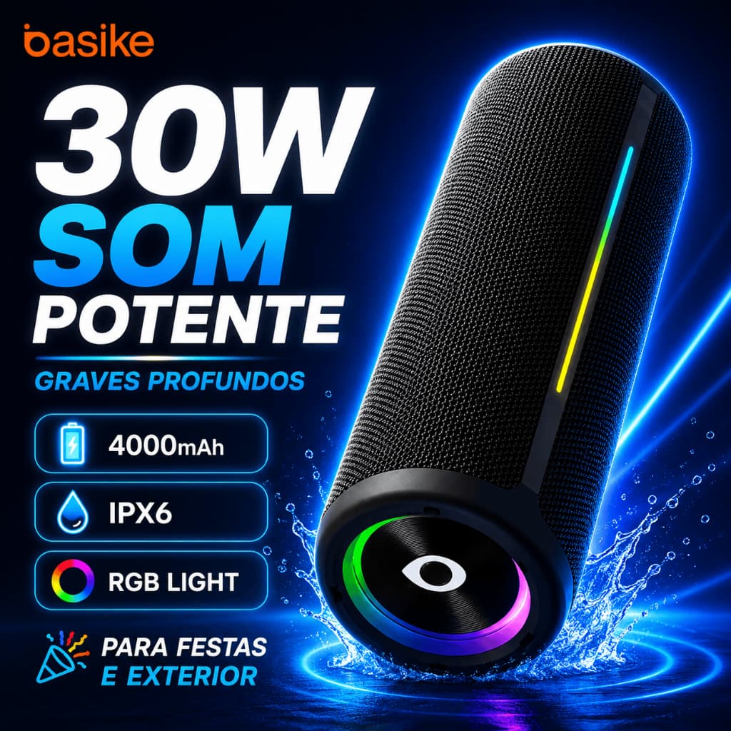 BASIKE 30W Caixa de Som Rádio FM TWS Estéreo Luz RGB Bateria 4000mAh IPX6 À Prova D'Água para Casa e Exterior