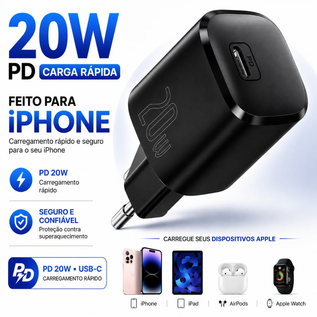 Carregador GaN 20W PD USB-C Carga Rápida, Não Esquenta para iPhone 17 16 15 14 13 12 11Promax, iPad, AirPods,Apple Watch