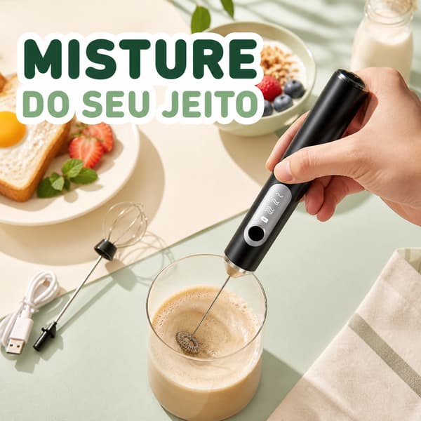 Mixer Elétrico Recarregável USB com 2 Batedores, Espumador de Leite para Café, Bebidas e Receitas no Lar e Uso Diário
