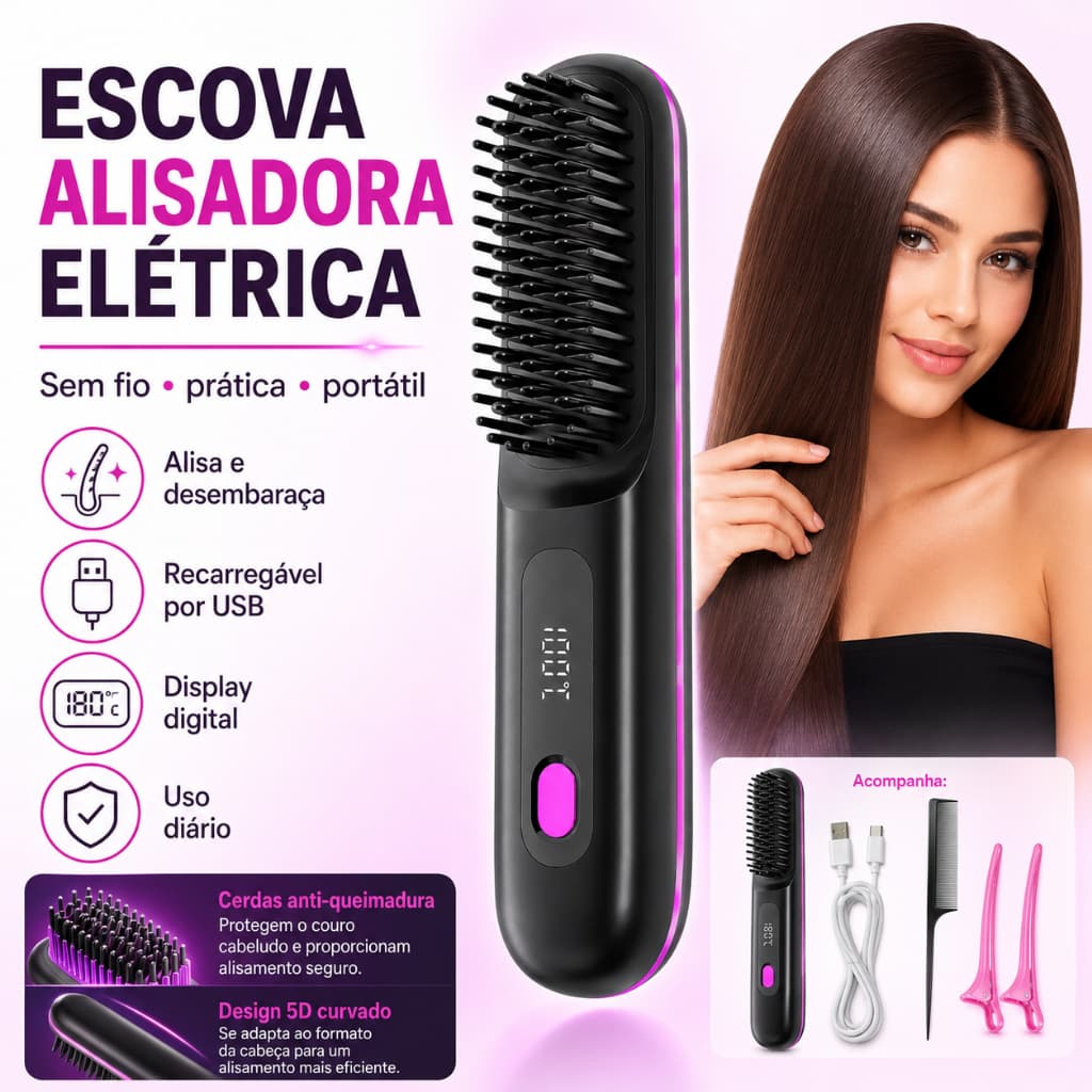 Escova Alisadora Sem Fio com Display Digital – Recarregável, Portátil e Rápida