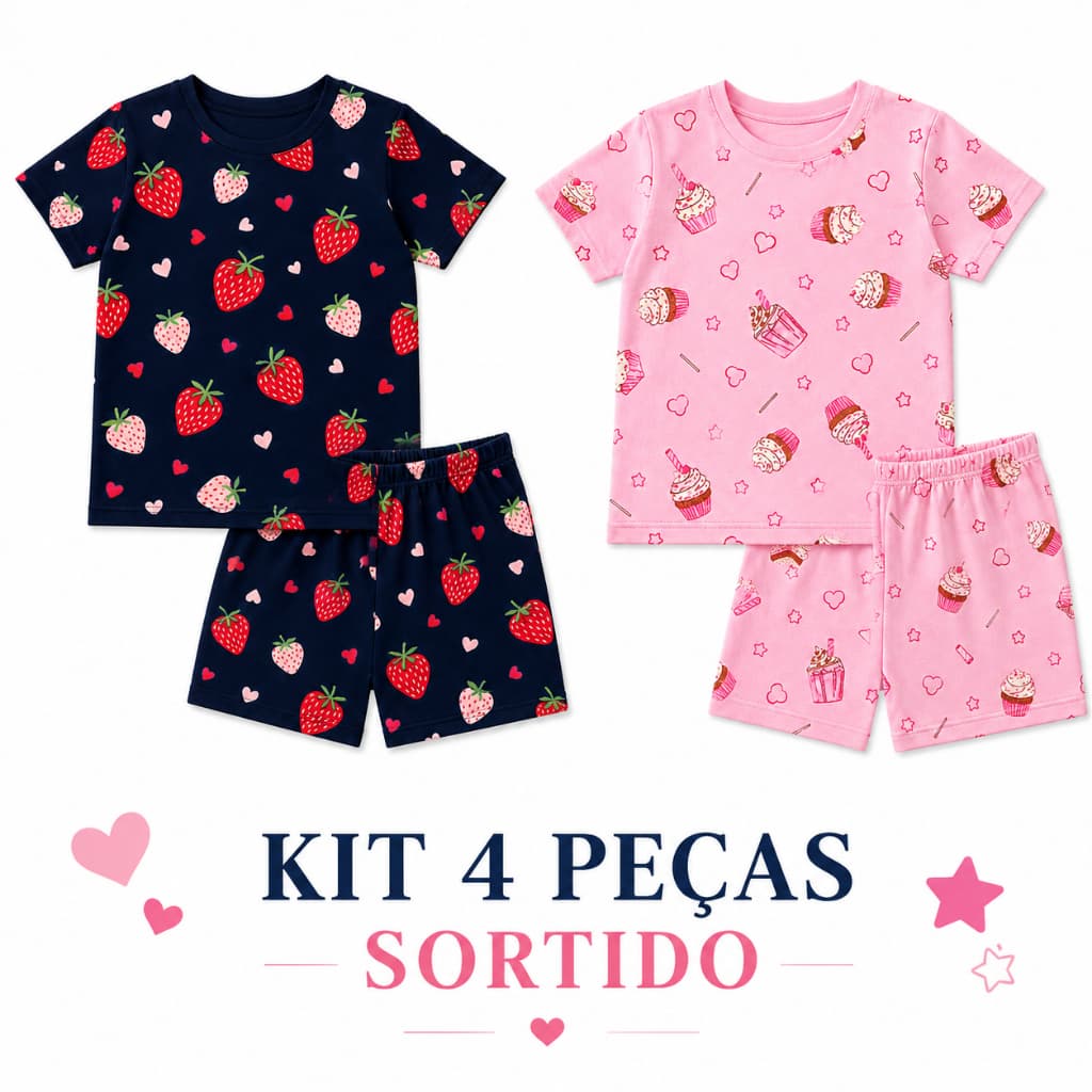 Kit 2 Conjuntos Pijama Infantil Feminino Verão Menina 4 Peças Tecido Leve e Respirável Super Macio Sortido