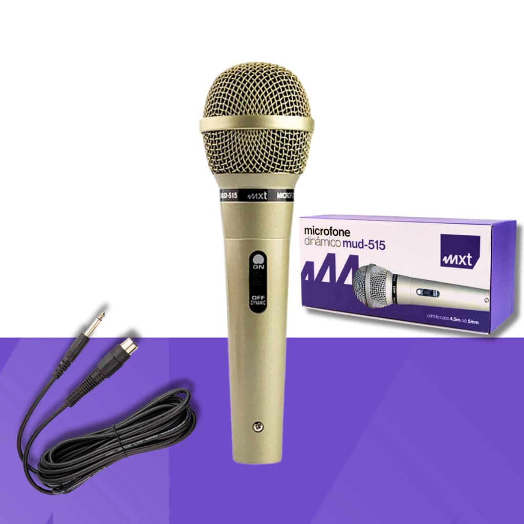 Microfone Dinâmico MXT MUD-515 com Fio Metal Prata Chave On/Off Cabo 4,5m OD 5mm Profissional para Voz e Eventos