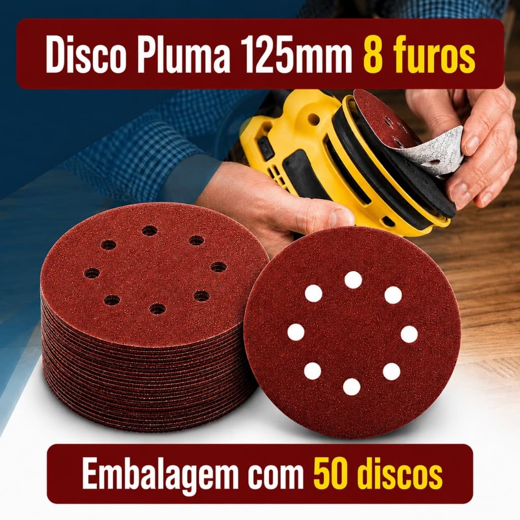 50 Discos Pluma Lixa 8 Furos 125mm 5pol Lixadeira Roto Orbital