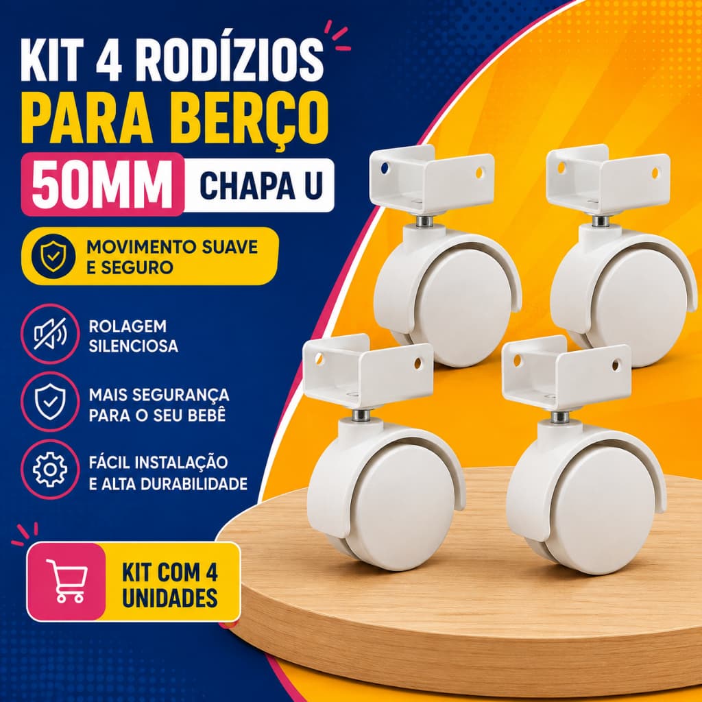 Kit 4 Rodízios para Berço 50mm Chapa U – Rodinha Giratória para Berço e Mini Cama
