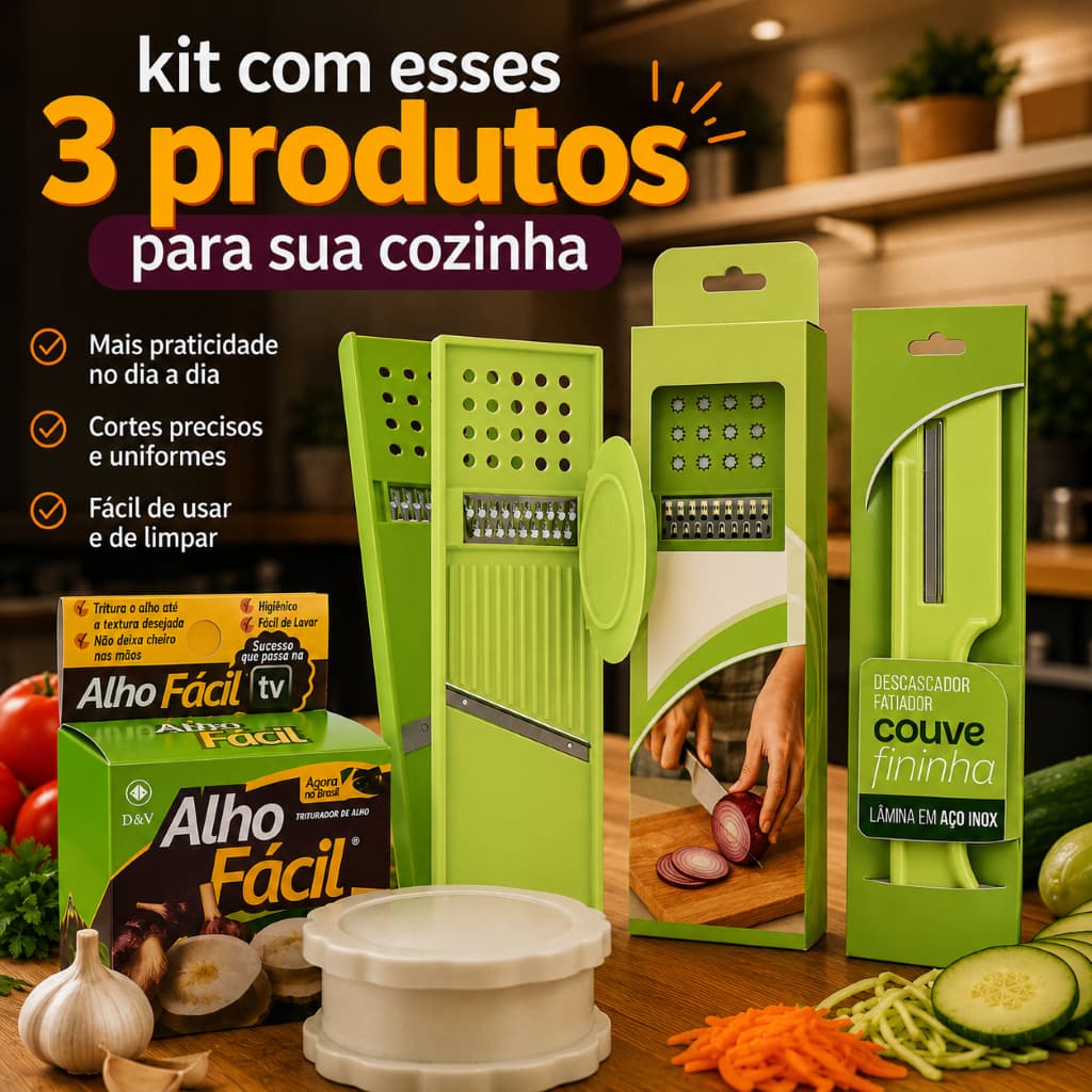 kit 3 produtos fatiador de couve fino+fatiador maxx de legumes e frutas+triturador de alho