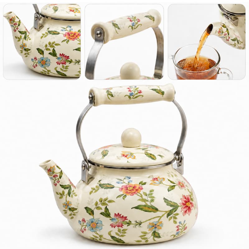 Chaleira Bule Esmaltada Clássica Estampada Floral 2,5L- Vintage Indução Fogão Gás Café Chá