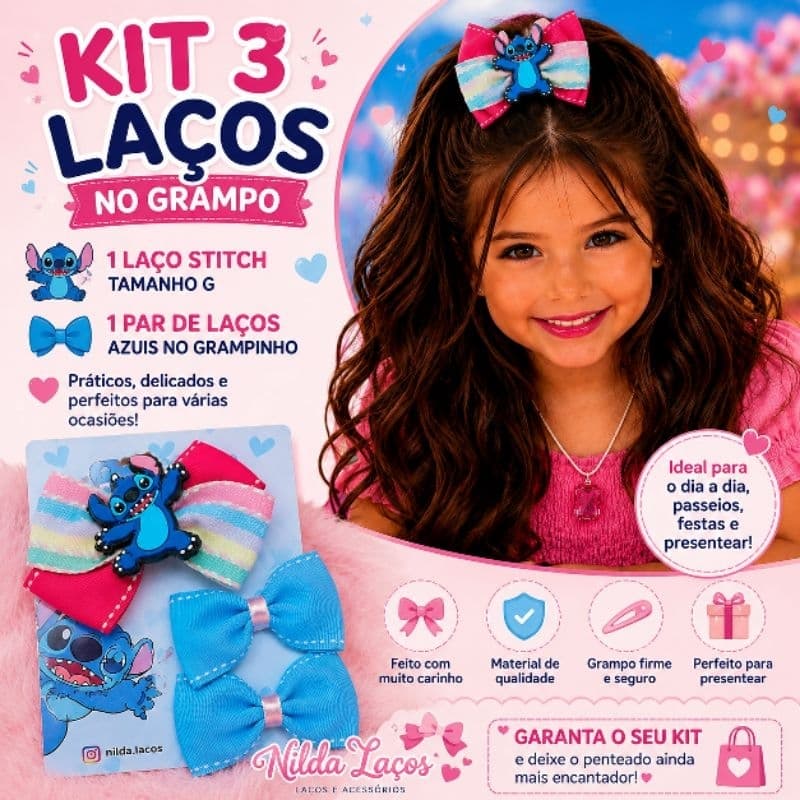 kit 3 laços Stitch. 1 laço G Stitch 1 par azul grampinho