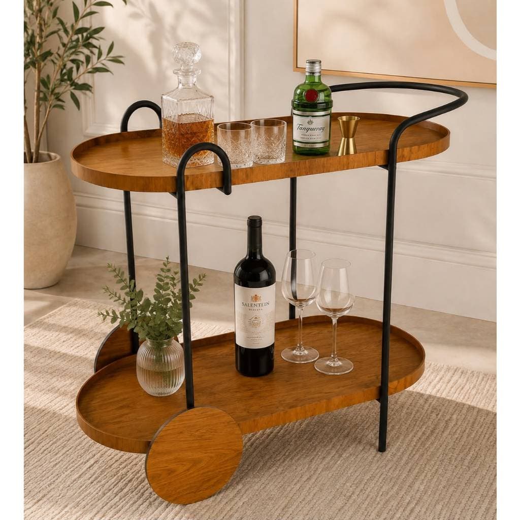 Carrinho Bar 2 Prateleiras 92cm Oval Cinamomo com Ferragem Preta Rodinha Fixa